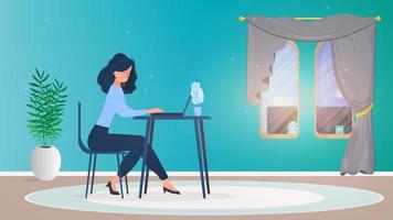 Girl in glasses sits at a table in the office. Girl works on a laptop. The concept of finding people to work, view vacancies and resumes. Vector. vector