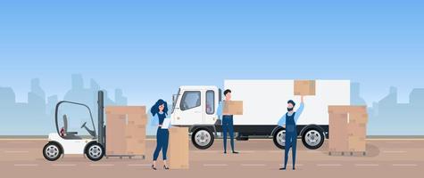 Loading cargo into the car. Movers carry boxes. The concept of moving and delivery. Truck, forklift, loader. Vector. vector