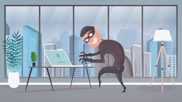 Thief in the office. A robber steals data from a laptop. Security concept. The robber robbed the office. Flat style vector illustration.