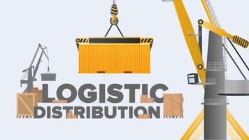 banner de distribución logística. una grúa levanta un contenedor de carga. letras sobre un tema industrial. cajas de cartón. concepto de flete y entrega. vector. vector