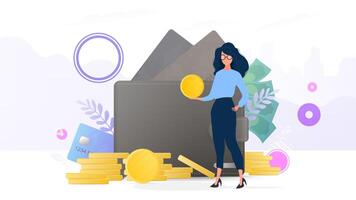 Girls holds a gold coin. Mountain of coins, credit card, wallet, dollars. The concept of savings and accumulation of money. Good for presentations and business-related articles. vector