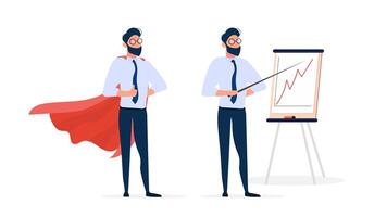 Set of businessmen. A man in a business suit with a red cloak. The guy gives a presentation on the positive dynamics. Vector. vector