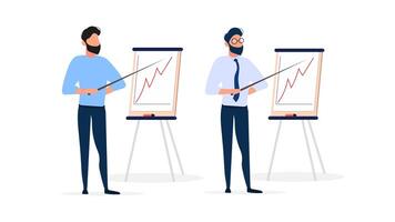 A man gives a presentation. The guy shows a report with positive dynamics. Board for paper. Infographics. Business growth. Isolated. Vector. vector