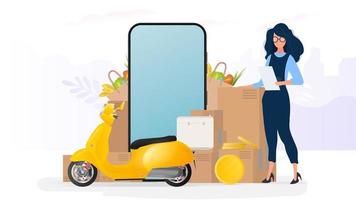 Collage on the theme of delivery. The girl is holding a list and a box. Yellow scooter with food shelf, telephone, gold coins, cardboard boxes, paper grocery bag. vector