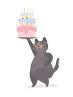 Funny cat holds a festive cupcake. Sweets with cream, muffin, festive dessert, confectionery. Good for cards, t-shirts and stickers. Flat style. Vector. vector