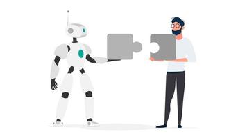 The guy and the robot are holding puzzle pieces. Teamwork concept. vector