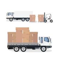 Lorry and pallet with cardboard boxes. Forklift raises the pallet. Industrial forklift. vector