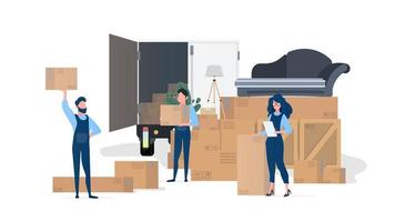 Shipping team. Movers with boxes. The girl with the list. Element for design on the theme of moving, transportation and delivery of goods. Isolated. Vector. vector