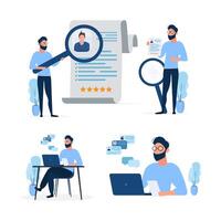 A set of illustrations showing people with laptops and magnifying glasses vector