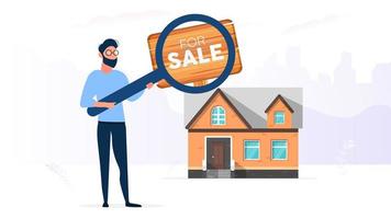 The guy is looking for a house to buy. Search for a home or real estate. For Sale sign. Vector. vector