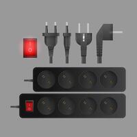 A set of black extension cords with three outlets. Plug for socket. Realistic style . vector