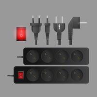 A set of black extension cords with three outlets. Plug for socket. Realistic style Vector. vector