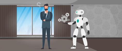 The robot offers a solution. Businessman with a question. People and robots teamwork concept. Vector. vector