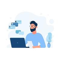 A man works on a laptop. The guy is sitting at the table with a laptop. Flat style. Good for image work, office, hiring staff. Vector illustration