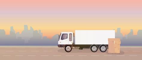 Lorry and pallet with boxes. A truck is standing on the road. Carton boxes. Vector.