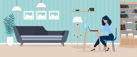 Girl works at a laptop in a stylish office. A study, a computer, a sofa, a wardrobe, a bookcase with books, paintings on the wall. Work at home. Vector. vector