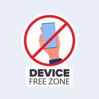 Tachado el icono de la mano con un teléfono. el concepto de prohibición de dispositivos, zona libre de dispositivos, desintoxicación digital. en blanco para la etiqueta engomada. aislado. vector. vector