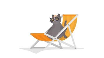 gracioso gato con gafas y un sombrero se encuentra en una tumbona. un gato con una mirada divertida. bueno para pegatinas, tarjetas y camisetas. aislado. vector. vector