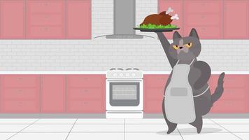 gato gracioso sostiene un pavo frito. un gato con una mirada divertida sostiene un pollo frito. Blog culinario o concepto de vlog. vector.