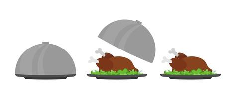 A turkey is sitting on a plate with a lid on it vector