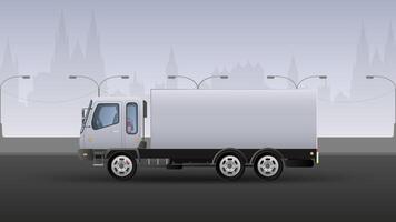 A white delivery truck on the street with a city in the background vector