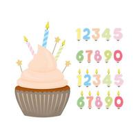 Set for design on a birthday theme. Festive cupcake. Set of holiday candles in the form of numbers. Isolated over white background. Vector. vector