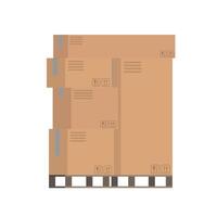 Cajas de piezas de almacén en la ilustración de vector de paleta de madera con sombra, cajas de carga de cartón, código de barras, pictogramas y pegatinas de texto abstracto listas para cargar, diseño plano de dibujos animados aislado en blanco