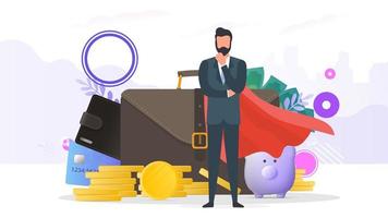 Successful businessman. A large suitcase, wallet, credit card, gold coins, dollars. The concept of profit, cashback or wealth. Banner on the theme of finance. Vector. vector