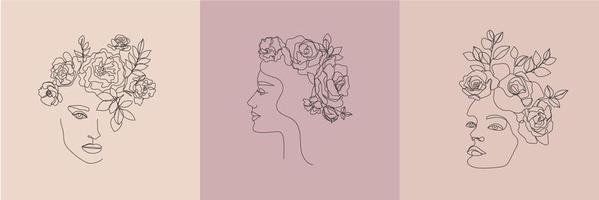 Vector beauty backgrounds, social media stories, posts feed layouts. Set of illustrations with one line continuous woman face and flowers. Contemporary collage with spots, square. Feminine logos