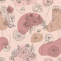 Vector seamless pattern. Continuous line art with woman face, flowers. Linear nature background. Use for package, cosmetics, decor. Fashion concept, feminine beauty minimalist with spots, nude colors.