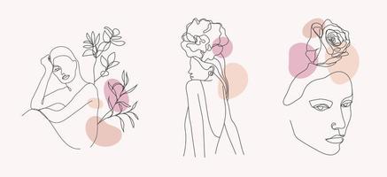 Vector set of women faces, bodies line art illustrations, logos with flowers and leaves, feminine nature concept. Use for prints, tattoos, posters, textile, logotypes, cards etc. Beautiful women