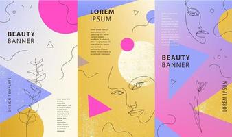 Vector set of gradient covers for social media stories, cards, flyer, poster, mobile app, banners. Geometric shapes and continuous line woman portraits
