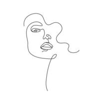 Vector hand drawn linear art, woman face, continuous line, fashion concept, feminine beauty minimalist. Print, illustration for t-shirt, design, logo for cosmetics, etc