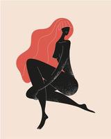 Vector estilizada mujer sentada, cabello largo, silueta negra con textura con línea. concepto femenino, ilustración de arte. Úselo como póster, impresión para camiseta, elemento de diseño para productos de belleza.