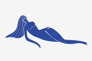 Vector abstract woman laying down, long hair, blue textured silhouette. Matisse stylized. Feminine concept, art illustration. Use as poster, print for t-shirt, design element for beauty products