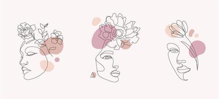 vector conjunto de caras de mujeres, ilustraciones de arte lineal, logotipos con flores y hojas, concepto de naturaleza femenina. uso para estampados, tatuajes, carteles, textiles, logotipos, tarjetas, etc. rostros de mujeres hermosas.