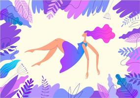 Vector illustration. Woman flying, laying down, dreaming with leaves, florals, wavy elements around. Web page design templates for beauty, spa, wellness, natural products, cosmetics, body care