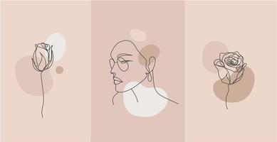 Vector minimalist style portrait. Line flower, woman portrait. Hand drawn abstract feminine print. for social net stories, beauty logos, poster illustration, card, t-shirt print. Art woman line face