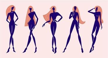 Vector set stylized woman standing, long hair, silhouette figures, fashion models. Feminine concept, art illustration. Use as poster, print for t-shirt, design element for beauty products