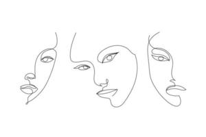 Vector set of hand drawn linear art, woman faces, continuous line, fashion concept, feminine beauty minimalist. Print, illustration for t-shirt, design, logo for cosmetics, etc. Art poster