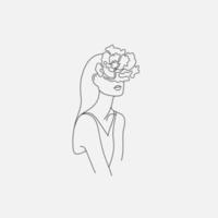 vector dibujado a mano arte lineal, rostro de mujer con flor, línea continua, concepto de moda, belleza femenina minimalista. impresión, ilustración para camiseta, diseño, logo para cosméticos