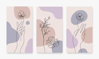 Vector set of covers for social media stories, cards, flyer, poster, mobile app, banners and other promotion. Continuous line hand drawn hands, florals
