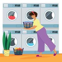 mujer feliz, en, lavandería automática, con, ropa vector