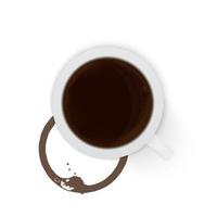 Coffee cup and coffee stain vector illustration. Top view cup of espresso with cup bottom rings and drop splashes isolated on white background.