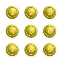 Set of gold round buttons with numbers from 1 to 9 with shadows. Golden buttons isolated on white. Numbered badges vector icons. 3d keys for websites and mobile applications