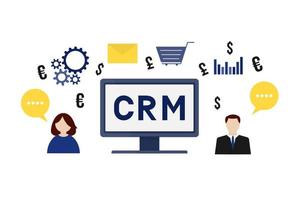 CRM lettering on the computer screen. Customer relationship management vector illustration. Software for working with clients. Modern technologies of business automation.