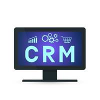 CRM lettering on the computer screen. Customer relationship management vector illustration. Modern technologies of business automation. Software for working with clients.