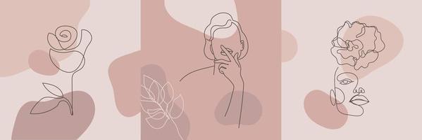 Vector beauty backgrounds, social media stories, posts feed layouts. Set of illustrations with one line continuous woman face and leaves, flowers. Contemporary collage with spots, square shape.