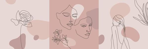 Vector beauty backgrounds, social media stories, posts feed layouts. Set of illustrations with one line continuous woman face and leaves, flowers. Contemporary collage with spots, square shape.