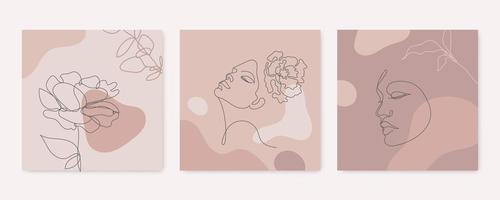 Vector beauty backgrounds, social media stories, posts feed layouts. Set of illustrations with one line continuous woman face and leaves. Contemporary collage with spots, square shape